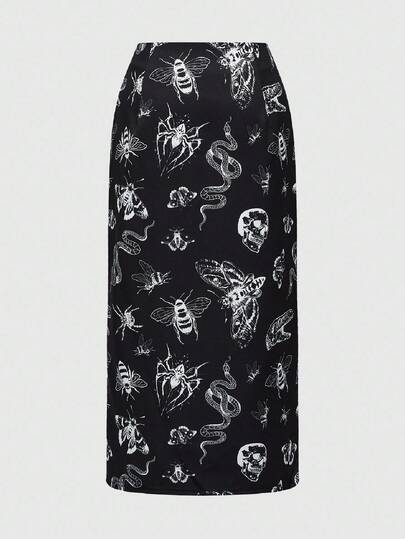 Goth Women's Sexy Dark Fashion Street Skull & Insect Animal Print High Slit Skirt, Halloween