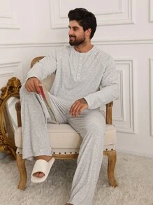 DAZY Men's Autumn Simple Button-Up Long Sleeve Grey T-Shirt And Pants Pajama Set, Fall Winter Clothes