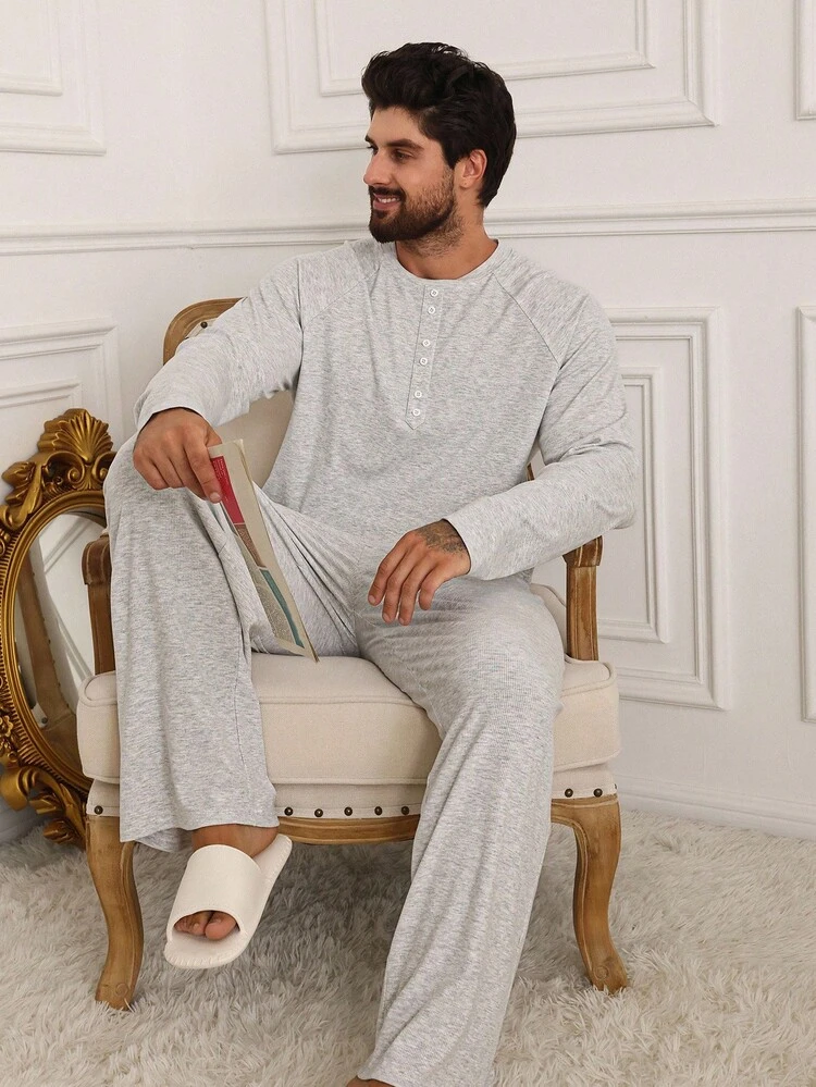 Men's Autumn Simple Button-Up Long Sleeve Grey T-Shirt And Pants Pajama Set, Fall Winter Clothes