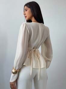 Firerie 女士优雅秋冬百搭办公室通勤商务休闲纯色浪漫褶皱 A 字形圆领长袖褶皱设计优雅雪纺衬衫/褶皱上衣，教师工作/度假/商务休闲女士/教师/返校/教师/轻盈舒适工作/办公室女士 - 白色 - 查看 3