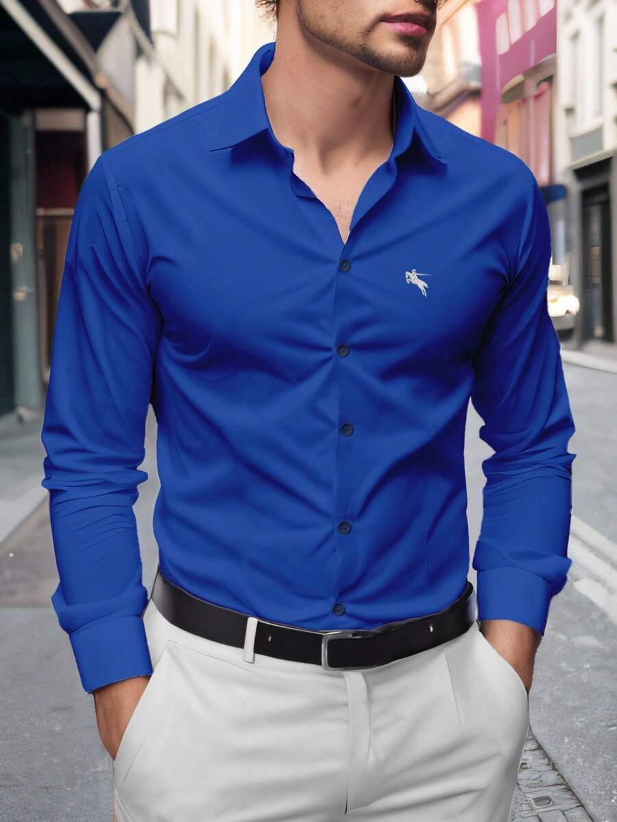 Manfinity Mode Camisa casual de manga larga con botones para hombre, de corte slim y versátil, para otoño - azul real - Ver 1
