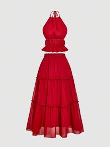 SHEIN MOD Rotes Trägertop mit Rüschensaum und mehrlagigem Rüschenmaxi-Rock, Damen Großen Größen Set