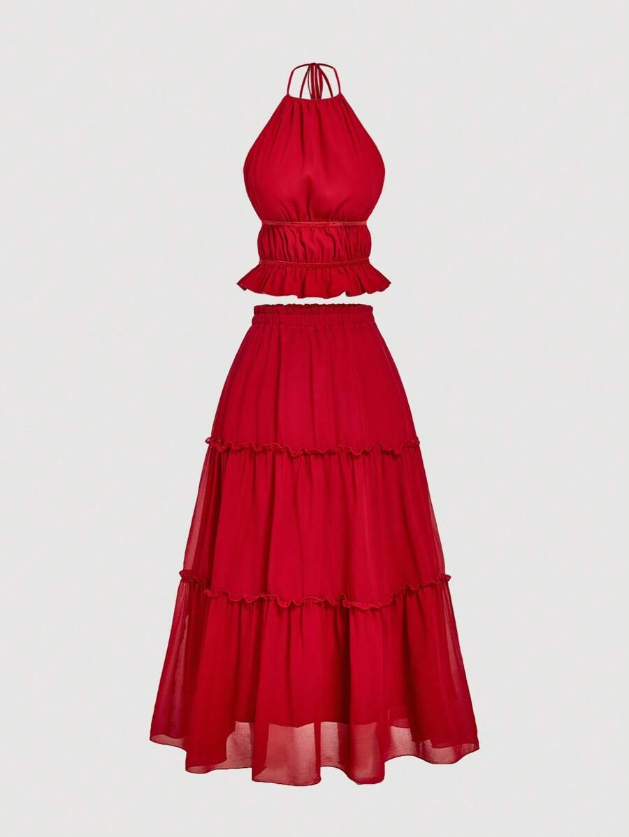 SHEIN MOD Rotes Trägertop mit Rüschensaum und mehrlagigem Rüschenmaxi-Rock, Damen Großen Größen Set