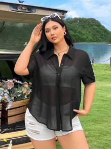 SHEIN EZwear 大码女式夏季透明前扣短袖衬衫，母亲节、度假、办公室黑色衬衫 - 黑色 - 查看 4