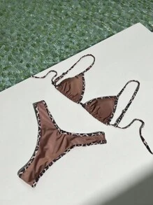 2 件套印花随机吊带工字背豹纹性感细肩带比基尼套装，带侧系带下装夏季 - 咖啡棕 - 查看 5