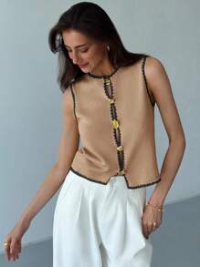 Aloruh Cardigan fino sem mangas com acabamento contrastante e botões na frente para mulheres - Caqui - Ver 4