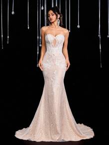 Glamrae 优雅奢华无肩带蕾丝美人鱼礼服，适合婚礼、派对、度假、庆典、正式活动（重度装饰）