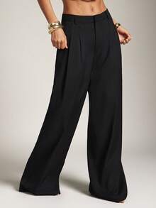 Hauture Old Money Sexy Business Casual High Waist Pleated Wide Leg Pants – Elegant Solid Color Loose Trousers, Professional Office Wear, Chic Tailored Work Pants For Women - Black - View 4