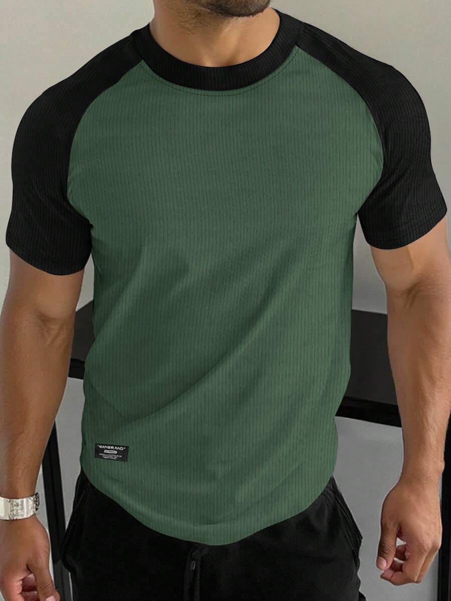 Manfinity Homme Áo thun nam cổ tròn tay ngắn raglan màu tương phản thường ngày - Nhiều màu - Xem 1