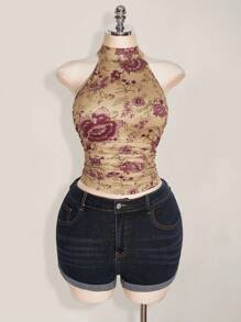 SHEIN ICON Plus Size Y2K Summer Going Out Boho Western Country Concert Women's Sexy Backless Floral Print Halter Neck Top, Summer Halter Tops For Women Vintage Halter Top,Back To School