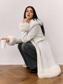 SHEIN Tall 秋冬女士时尚人造毛皮拼布夹克 - 米色 - 查看 2