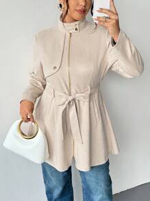 Firerie Plus Size Women's Cinched Waist A-Line Suede Fabric Beige Trench Coat, Loose Fit Midi Length Jacket; Suitable For Valentine's Day, Concerts, Performances, Dates, Formal Dinners, Galas, Weddings, Sexy, Elegant, Commute, Back To School, Romantic, Office Diva, Mermaid Style, Birthday Party/Slightly Elastic Waist Umbrella-Style Long-Sleeved Trench Coat Autumn Winter Clothes For Women