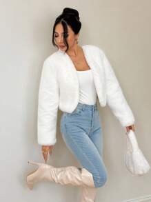 SHEIN PETITE Women's Solid Color Elegant Fashion Faux Fur Long Sleeve Jacket, Autumn/Winter White Faux Fur Jacket