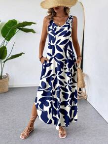 EMERY ROSE Plus Size Leaf Print Sleeveless Curved Hem Graphic Print Dress, Suitable For Spring/Summer,Holiday Outfits For Women - Multicolor - View 1