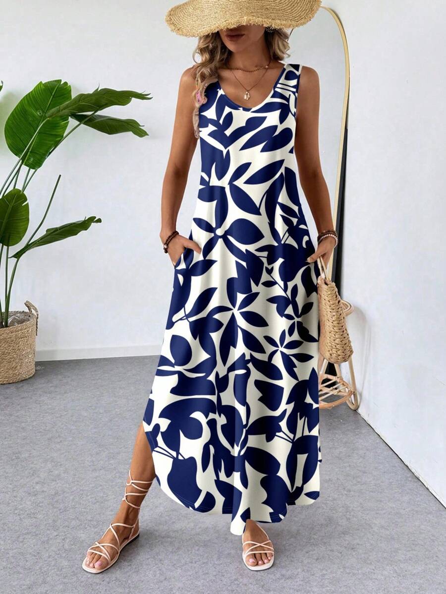 EMERY ROSE Plus Size Leaf Print Sleeveless Curved Hem Graphic Print Dress, Suitable For Spring/Summer,Holiday Outfits For Women - Multicolor - View 1