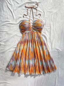 Soleia 女士度假风格渐变色褶皱花卉印花 A 字形系带飘逸露背蝴蝶结迷你连衣裙，性感，适合婚礼季节、下午茶、派对、情人节约会