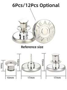 SHEIN 6 Pcs/12Pcs Jeans Buttons Replacement 17mm No Sewing Metal Button Repair Kit Nailless Removable Jean Buttons Replacement Combo Valentines Wedding, Birthday, Buttons, Sewing, Sewing Supplies, Sewing Accessories, Craft Supplies, DIY, Crafts For Adults - Silver - View 2