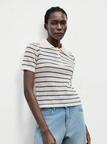 Chiquease 女式 Polo 领黑白条纹短袖毛衣针织上衣套头衫秋冬 - 彩色 - 查看 5