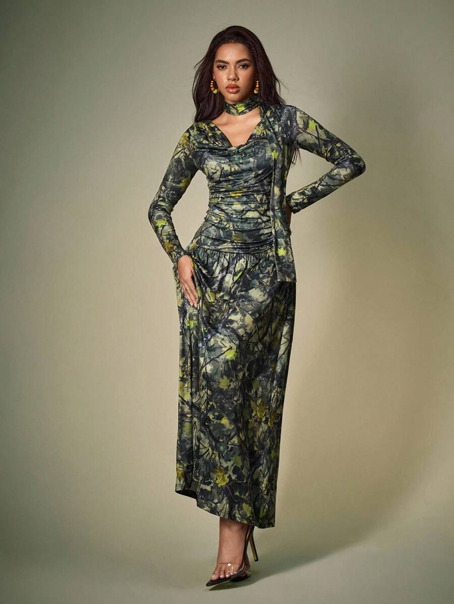 ORANGE STUDIO Women's Long Dress With Autumn Leaf Camouflage Pattern, Winter Long Sleeve Maxi Dress Women Green Floral Dress Women Floral Maxi Dress Printed Maxi Dress Long Sleeve Floral Dress - Army Green - View 1