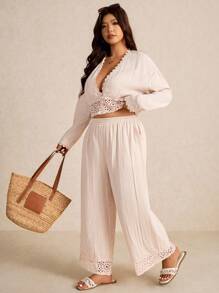 Elaquor Plus Size Minimalist Vacation Lace Patchwork Top And Pants 2 Pieces Set,Fall Clothes For Women - Apricot - View 5