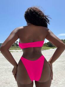 Alexandranx Summer Beach Solid Bikini Set Knot Decor Bandeau Top & High Cut Bottom 2 Piece Bathing Suit - Hot Pink - View 2