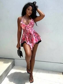 Alexandranx 女式复古花卉印花露背吊带背心，波西米亚风 Y2K V 领沙滩装衬衫，适合度假和休闲装，春夏季 - 粉色 - 查看 1