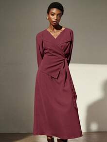 GENKIRA Cross Waist Slim Retro High-End 2 In 1 Lapel Long Sleeve Dress Dresses For Women Elegant  - Burgundy - View 2