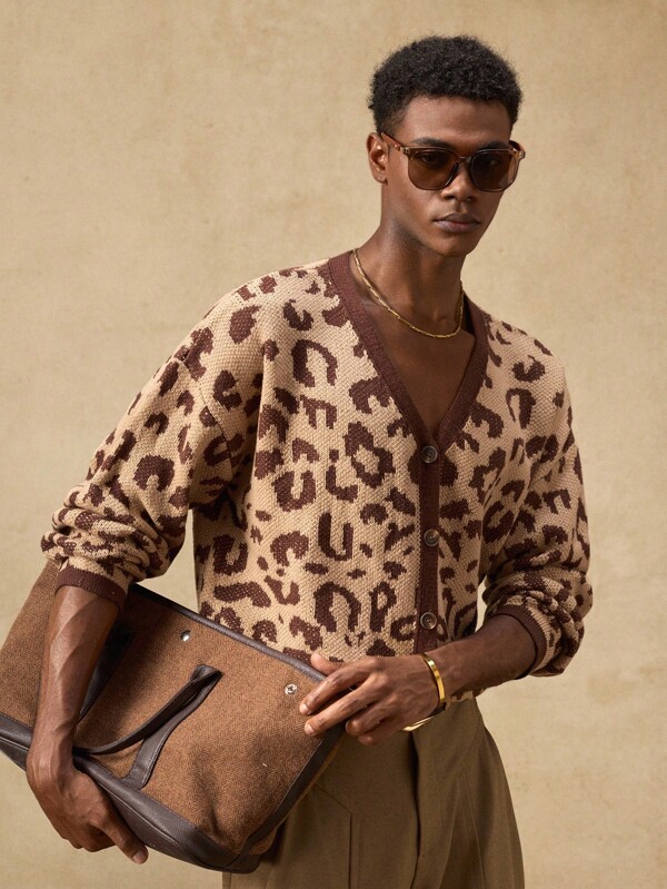 Anewsta Cardigan ample à manches tombantes, col ouvert, en tricot jacquard léopard, pour homme. Convient pour l'automne, les vacances, le port quotidien, les soirées, les assortiments de couple