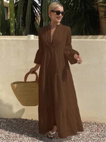 DAZY 夏季新款宽松休闲度假风女士中长款连衣裙 - 咖啡 - 查看 4