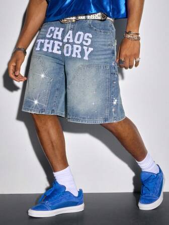 Street Life Pantalones cortos de carga de mezclilla con bordado de rhinestones para hombres