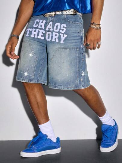 Street Life Men's Rhinestone Embroidered Denim Cargo Shorts