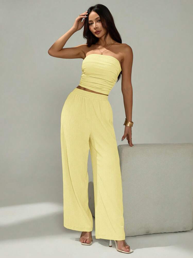 SHEIN PETITE Women's Solid Color Pleated Bandeau Top And Pleated Elastic Waist Long Pants 2 Pieces Set,Summer Outfits For Women - Yellow - View 6