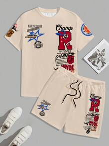 Manfinity Homme 男士休闲街头标语印花落肩宽松 T 恤和抽绳腰侧袋短裤套装，夏季舒适服装