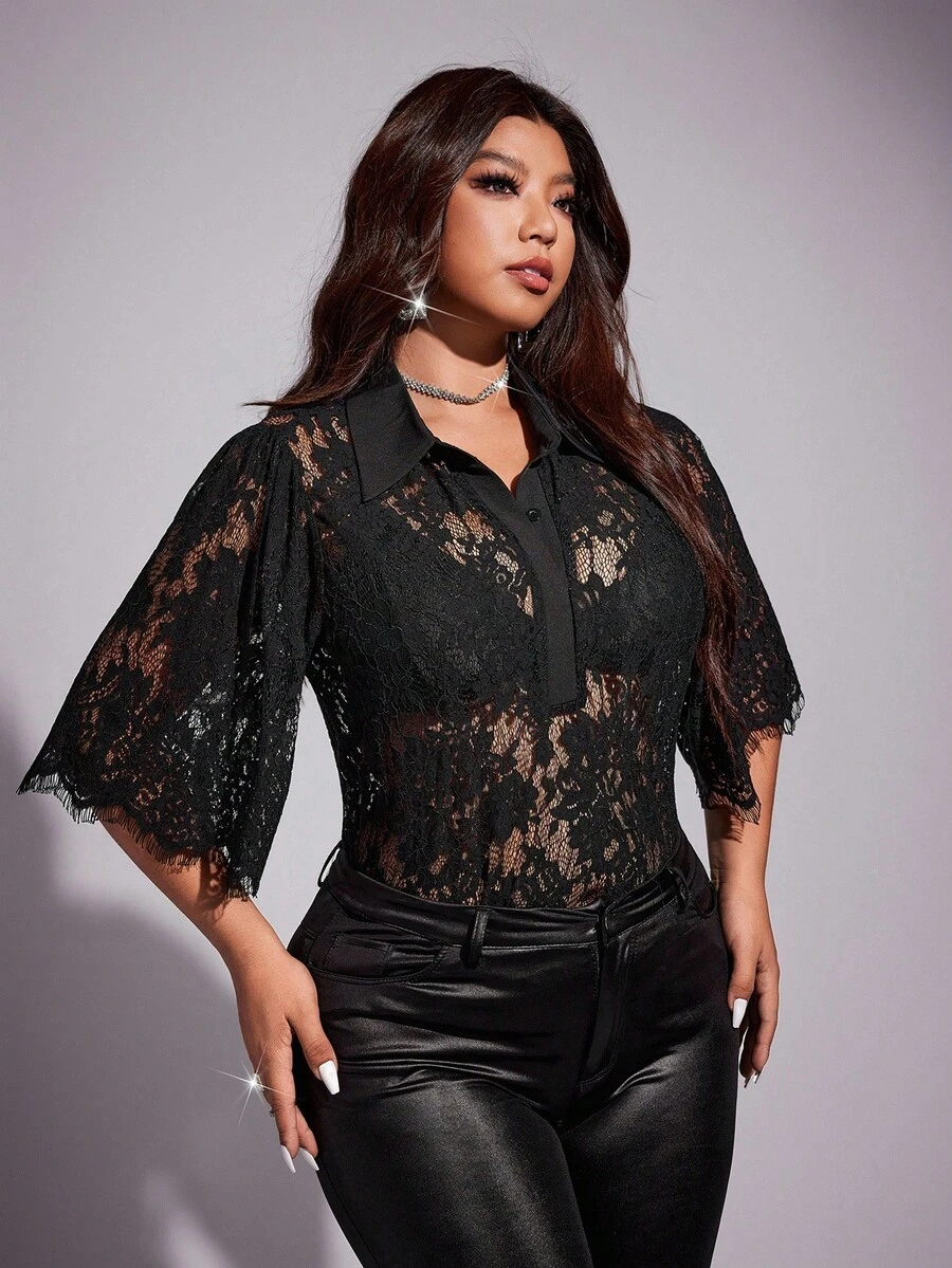 Viva Relle Camicetta elegante e sexy in pizzo per donne taglie forti