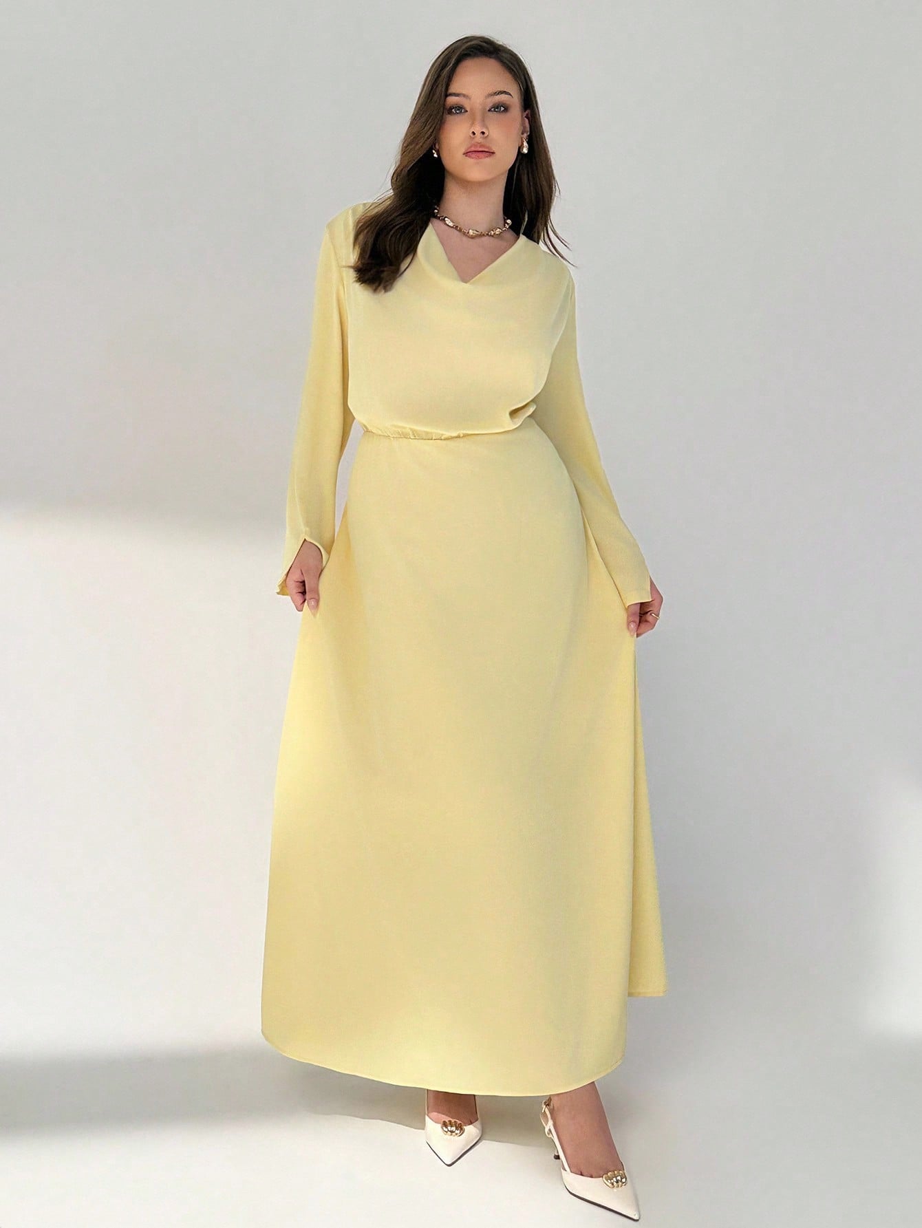 Auralis فستان نسائي أنيق بياقة منخفضة وأكمام طويلة...