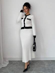 Selianne Women's Autumn Knit Sweater Cardigan&Skirt Two Pieces Set,White And Black Contrast Color Ellegant Tea Party Long Sleeve Stockholm Style Office Wear - Multicolor - View 6