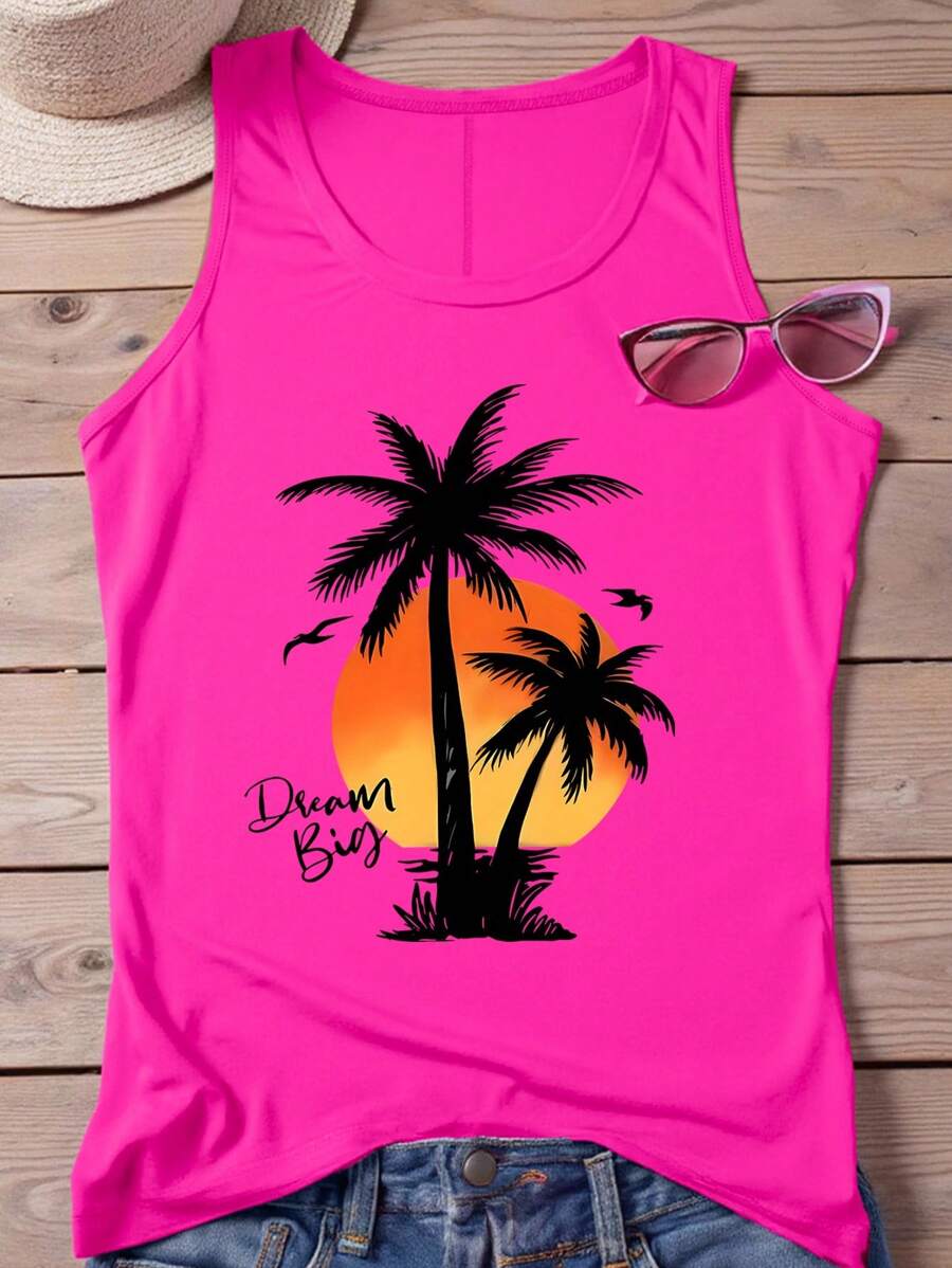 SHEIN LUNE Women's Casual Coconut Tree Print Tank Top - Hot Pink - View 1