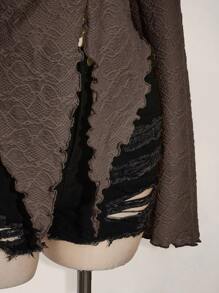 SHEIN ICON ICON PLUS Lettuce Trim Asymmetrical Hem Sheer Top Without Bra Plus Size Blouses-1891,Y2k,Fall Clothes For Women Brown Top