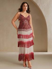 Anewsta Plus Size Women's Elegant Sequin Tassel Backless Formal Dress, Suitable For Gala - Burgundy - View 5
