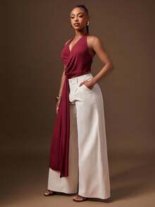 Denimoi 雪纺垂坠斜襟前结上衣，适合约会之夜晚餐早午餐 - 酒紅色 - 查看 4