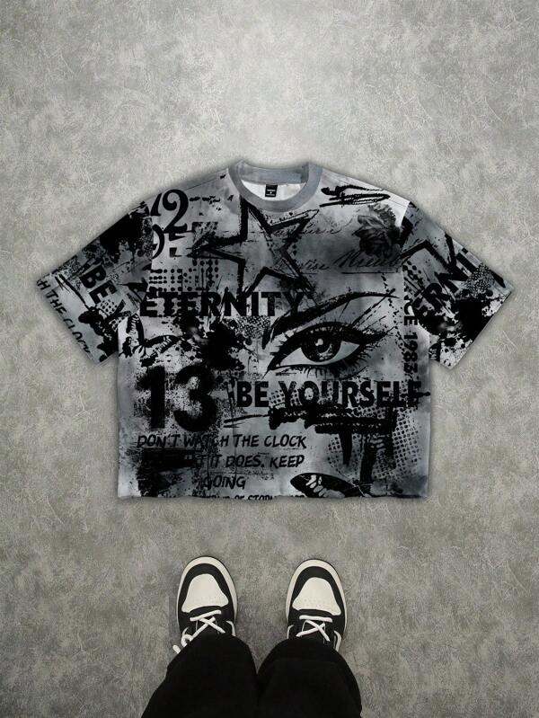 Manfinity ZONE917 Plus Size Loose Street Style Graffiti Plus Size Graphic Print Cropped T-Shirt