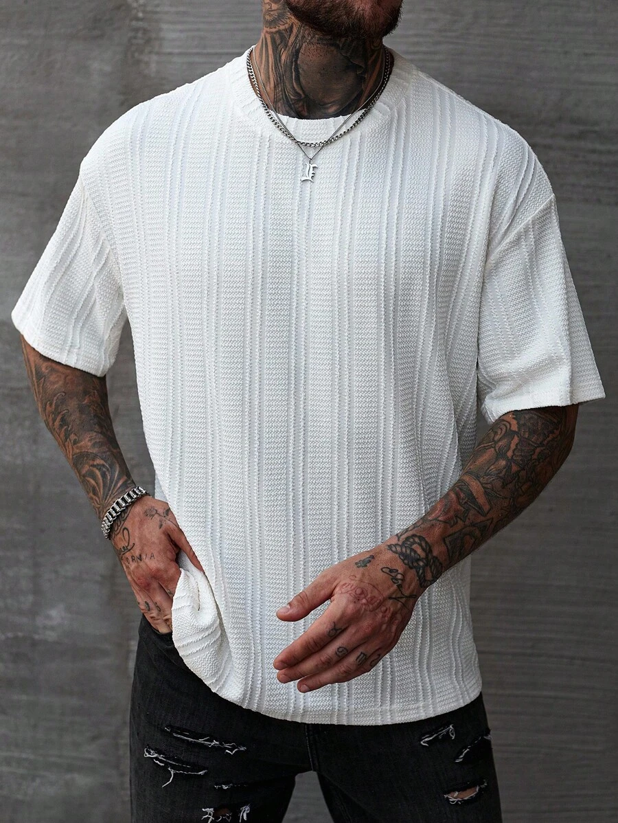 Manfinity Homme Men's Minimalist Jacquard Knit Crew Neck Short Sleeve Casual T-Shirt - Apricot - View 1