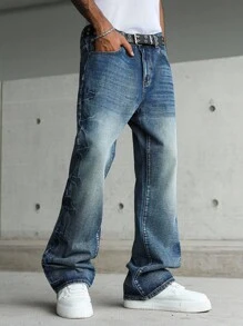 Manfinity EMRG Men's Light Blue Washed Stretch Skinny Fit Fashionable Denim Wide Leg Jeans, Emo Style - Medium Wash - View 3