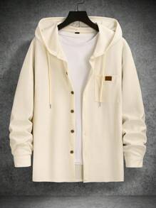 Manfinity Homme 带口袋和印花标志的白色休闲男士连帽外套，奶油色男士连帽衫，纽扣式连帽衫，米色男士连帽衫，秋季