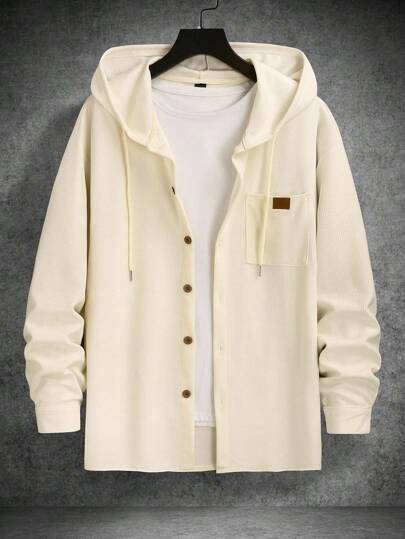 Manfinity Homme Chemise à capuche décontractée blanche pour hommes avec poches et logo imprimé, sweat-shirt à capuche crème pour hommes, sweat-shirt à capuche boutonnée, sweat-shirt à capuche beige pour hommes, automne