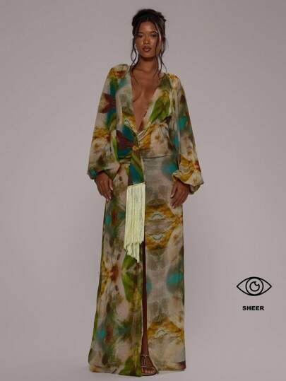 MUSERA Deep V Neck Loose Fit Tassel Detail All Over Print Long Sleeved Maxi Dress Spring Summer Vacation Elegant Wedding Guest Holiday Beach Ibiza Fall Wedding Guest Elegant Birthday Church Night Out Fall Summer Outfit