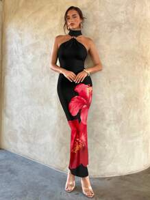 Aloruh Casual Elegant Sexy Style Red Contrast Floral Tropical Hibiscus Placement Print Pattern Metal Buckle Decor Hollow Out Bodycon Black Knit Stretch Maxi Dress, Suitable For Summer, Vacation, Party,Fall Wedding Guest Dress Chic Dress - Multicolor - View 6