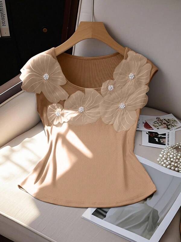 Elenzga Elegant Blue Women's T-Shirt With 3D Flower Bubble Decor