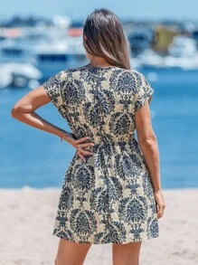 Sylviya Summer Women Printed Round Neck Elastic Waist Dress For Music Festival Outfits