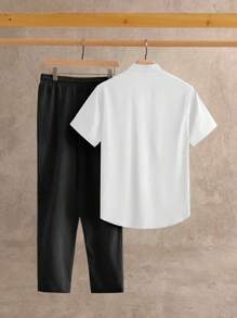 HIMLAND 2 piezas Conjunto casual de verano para hombres con camisa de manga corta de cuello vuelto y ajuste delgado - Multicolor - Ver 2